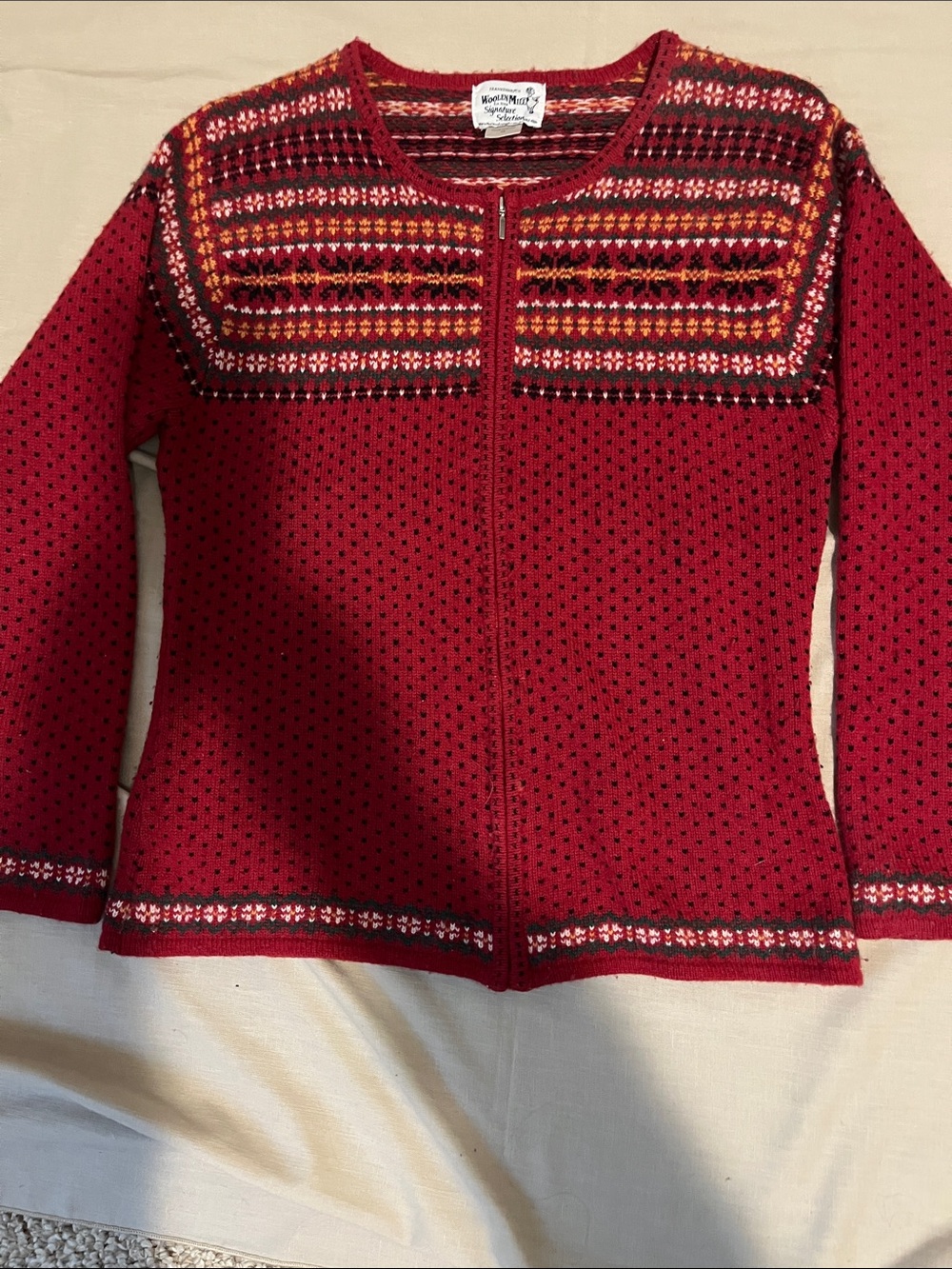 Frankenmuth Woolen Mill Women’s Red Zip Cardigan with Multicolor Yoke VINTAGE